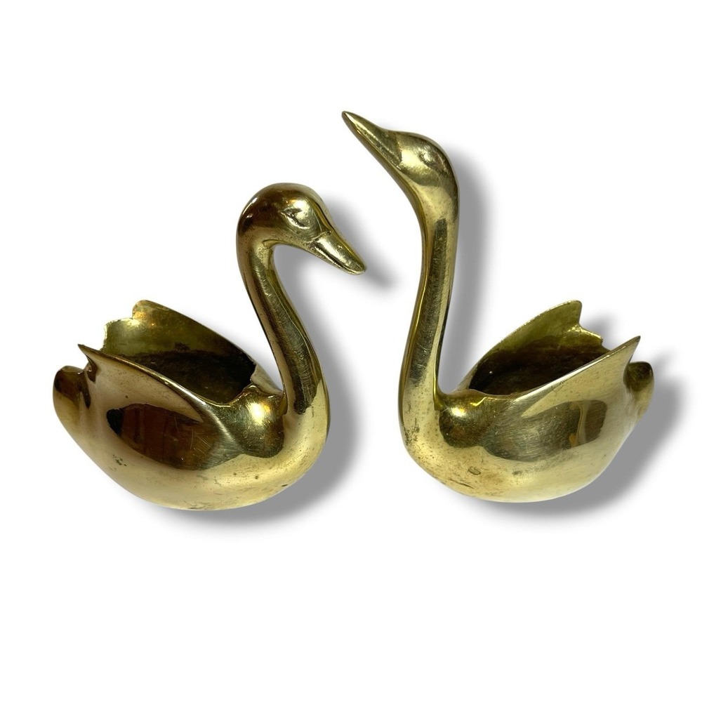 Brass Swan Planters Pair 4-5" Cachepots Mid Century Hollywood Regency Vintage
